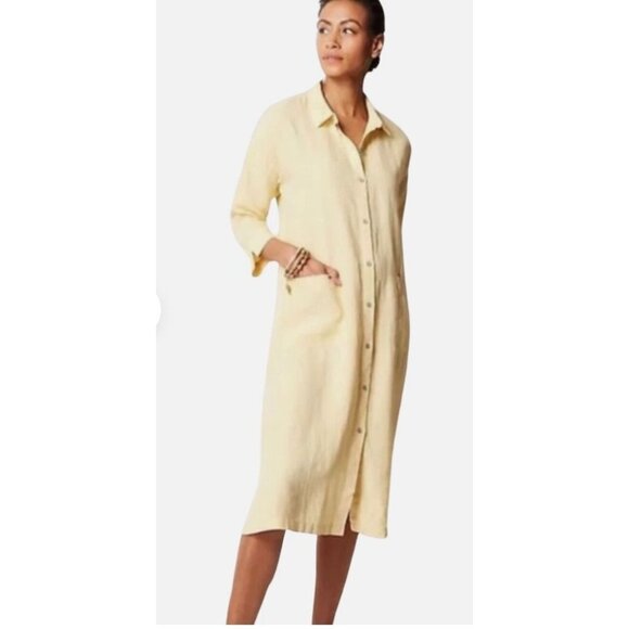Pure J.Jill Linen Oversized 100% Linen Button-Up Shirtdress in Butter Yellow - Picture 1 of 6